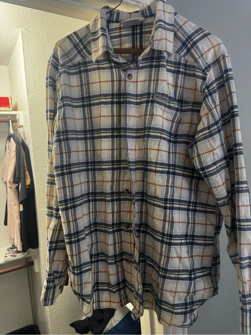 Columbia Navy and Tan Plaid Button-Down Shirt